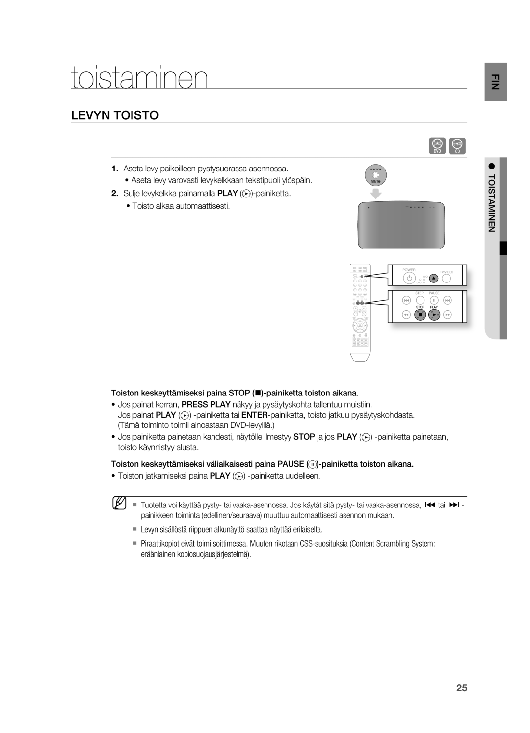 Samsung HT-X710T/XEE manual Toistaminen, LeVyn tOiStO 