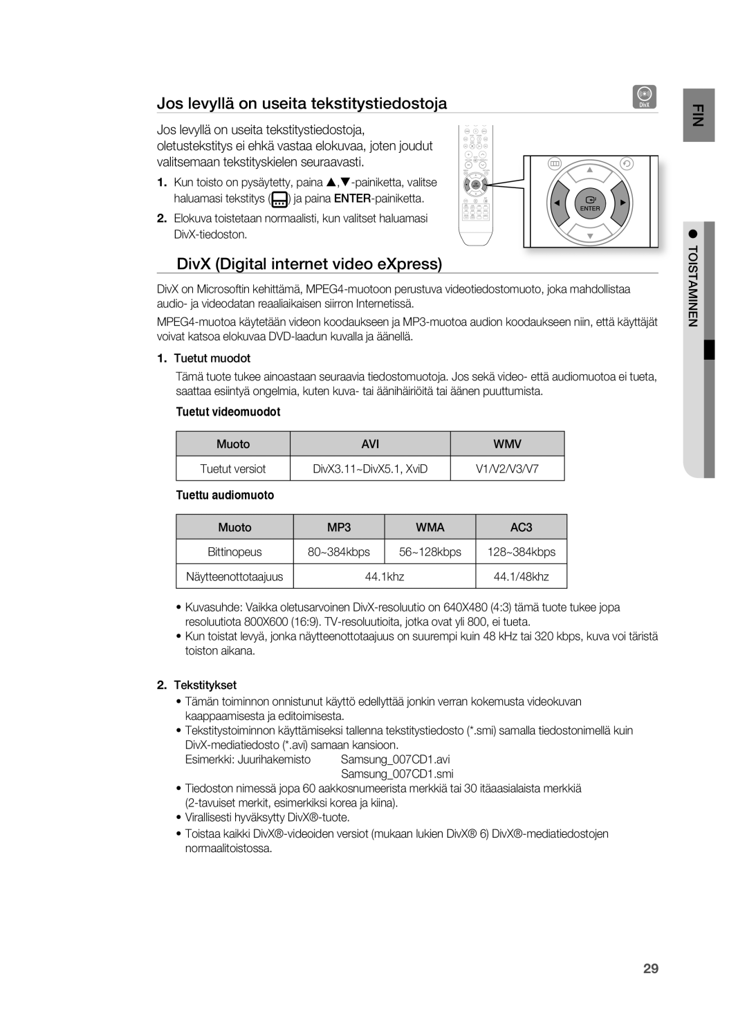 Samsung HT-X710T/XEE manual Jos levyllä on useita tekstitystiedostoja, DivX Digital internet video eXpress, Avi Wmv, Wma 