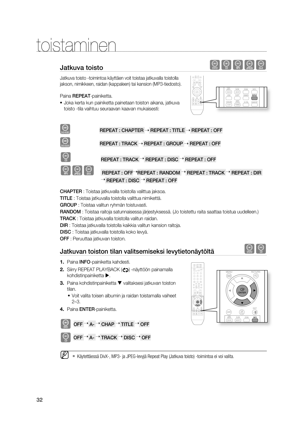 Samsung HT-X710T/XEE Jatkuva toisto, Jatkuvan toiston tilan valitsemiseksi levytietonäytöltä, Paina REpEAT-painiketta 