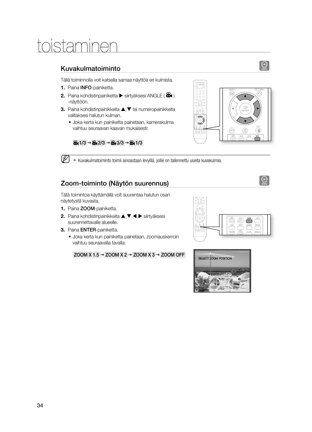 Samsung HT-X710T/XEE manual Kuvakulmatoiminto, Zoom-toiminto Näytön suurennus,  2/3  3/3  1/3 