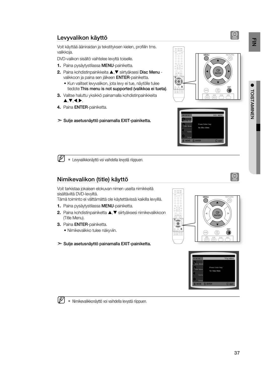 Samsung HT-X710T/XEE Levyvalikon käyttö, Nimikevalikon title käyttö, ` Levyvalikkonäyttö voi vaihdella levystä riippuen 