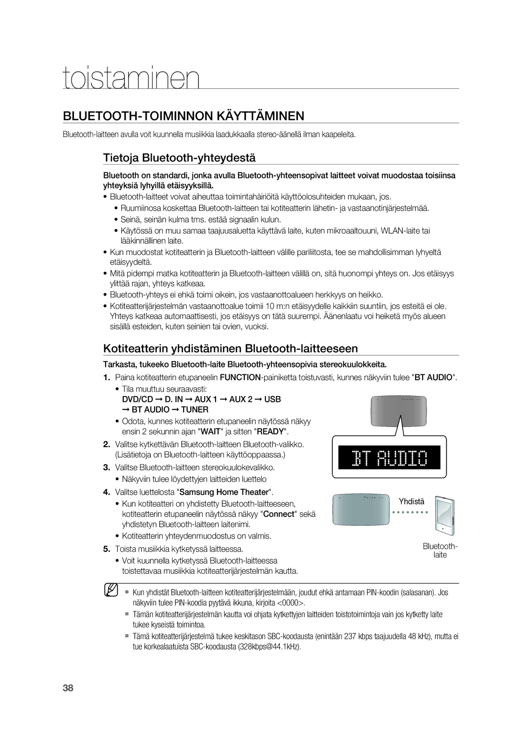 Samsung HT-X710T/XEE manual BLUETOOTH-toiminnon käyttäminen, Tietoja Bluetooth-yhteydestä 