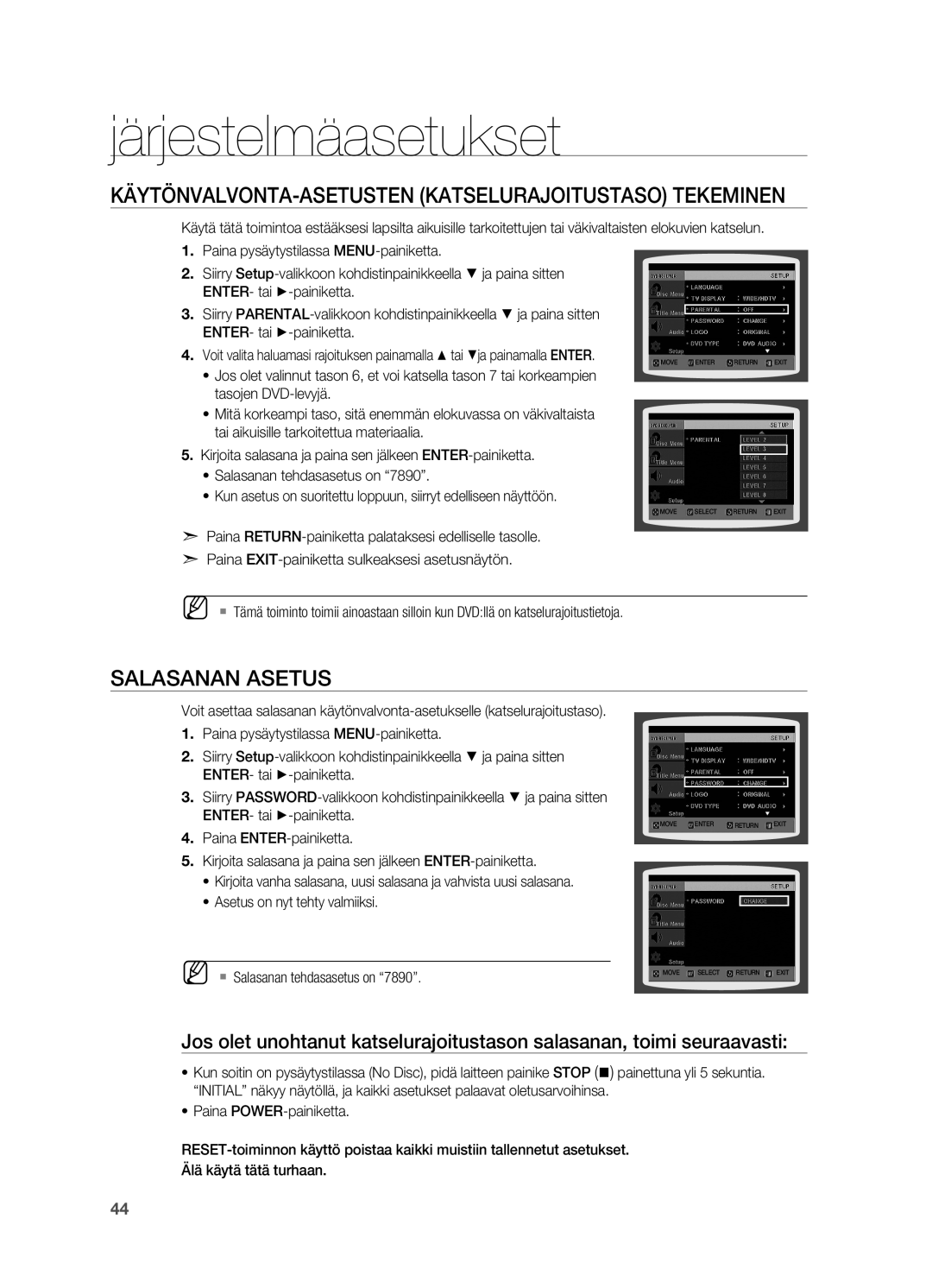 Samsung HT-X710T/XEE Käytönvalvonta-asetusten Katselurajoitustaso tekeminen, Salasanan asetus, ` Salasanan tehdasasetus on 