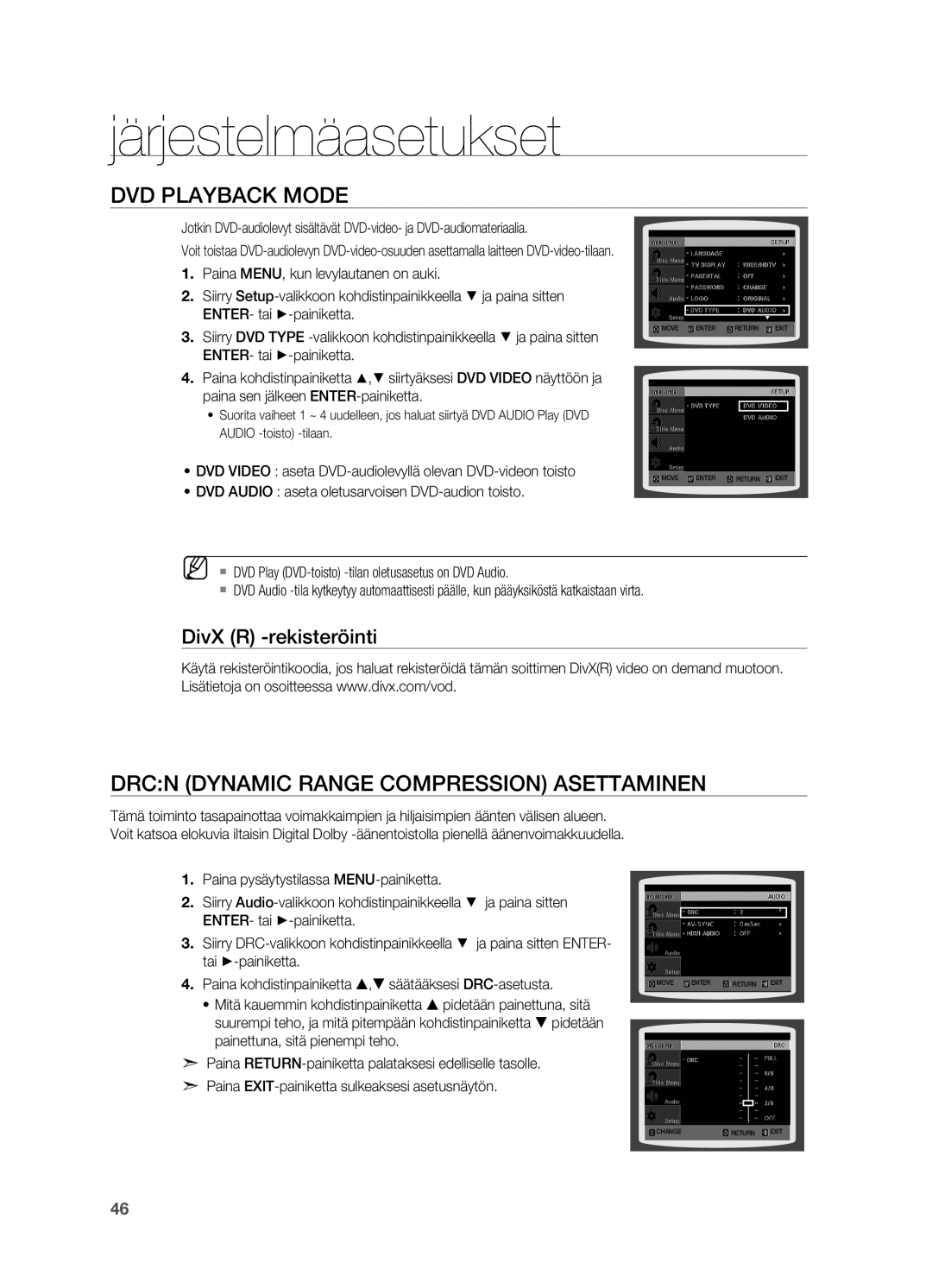 Samsung HT-X710T/XEE manual DVD Playback Mode, DRCn Dynamic Range Compression asettaminen, DivX R -rekisteröinti 