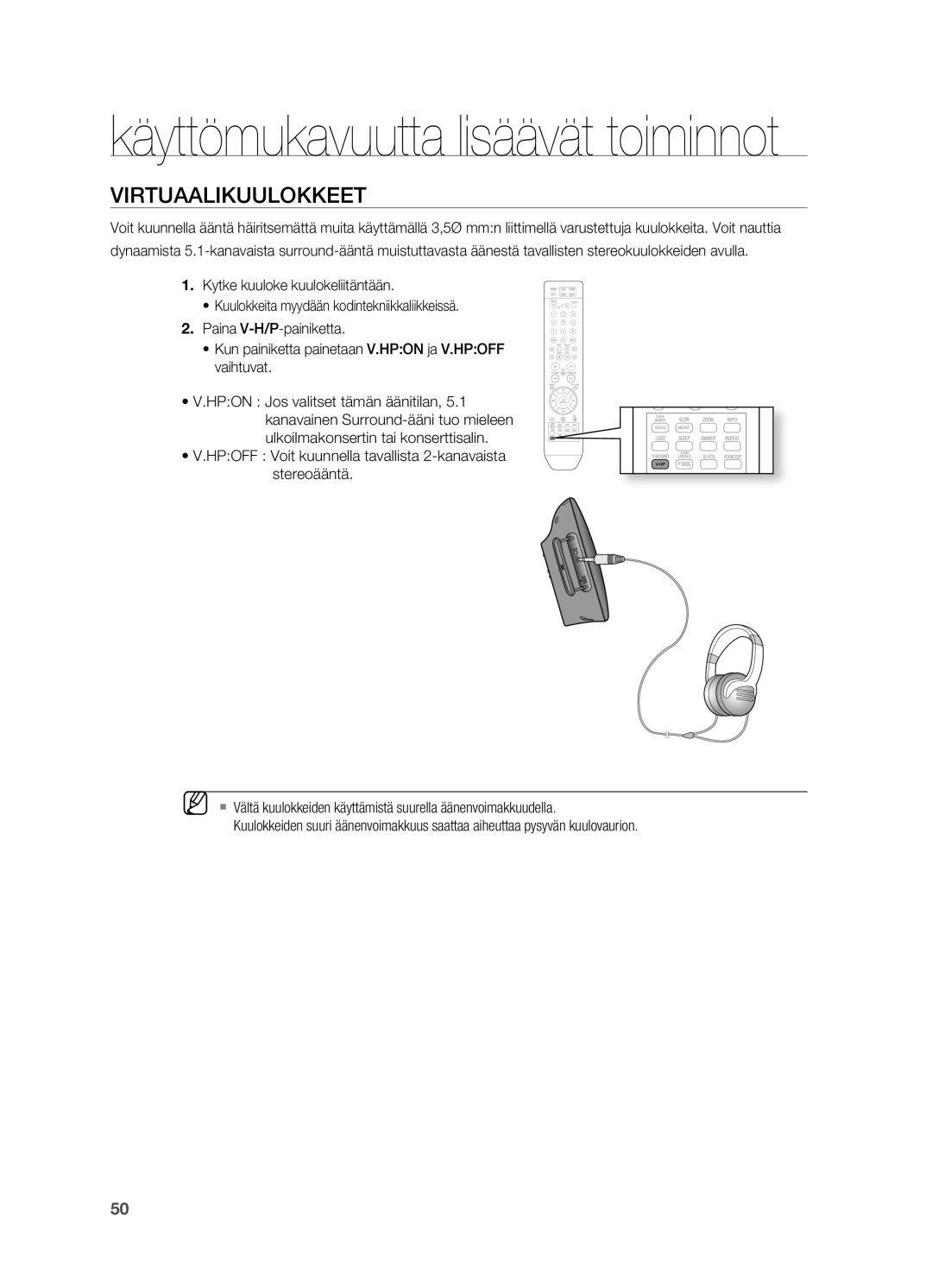 Samsung HT-X710T/XEE manual Käyttömukavuutta lisäävät toiminnot, ViRtuaaLiKuuLOKKeet 