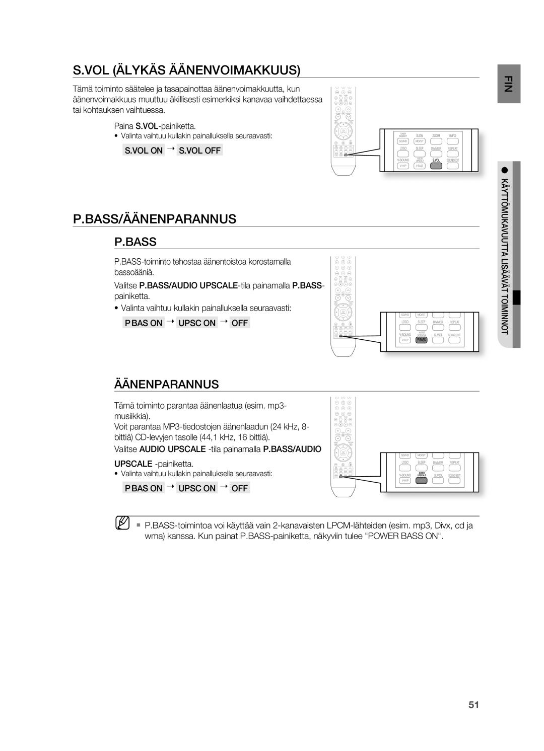 Samsung HT-X710T/XEE manual VoL Älykäs ÄÄNENVoIMAKKUUS, BASS/ÄÄNENpARANNUS, Bass 