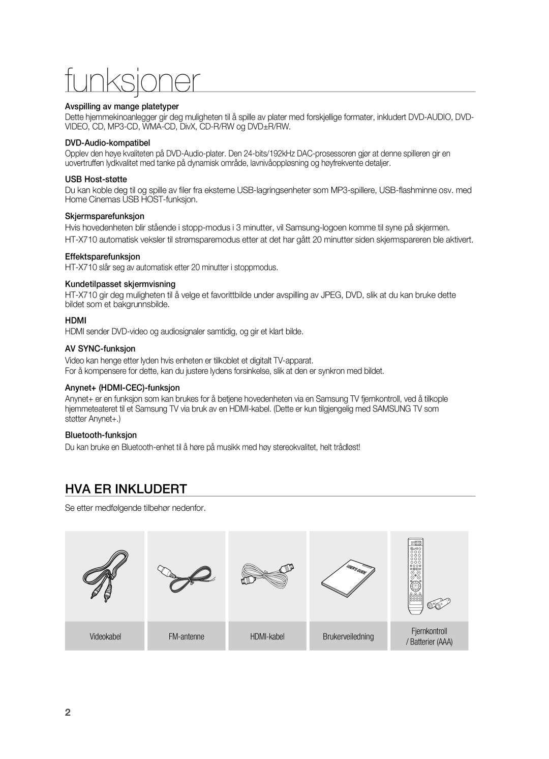 Samsung HT-X710T/XEE manual Funksjoner, HVA ER Inkludert, Hdmi 