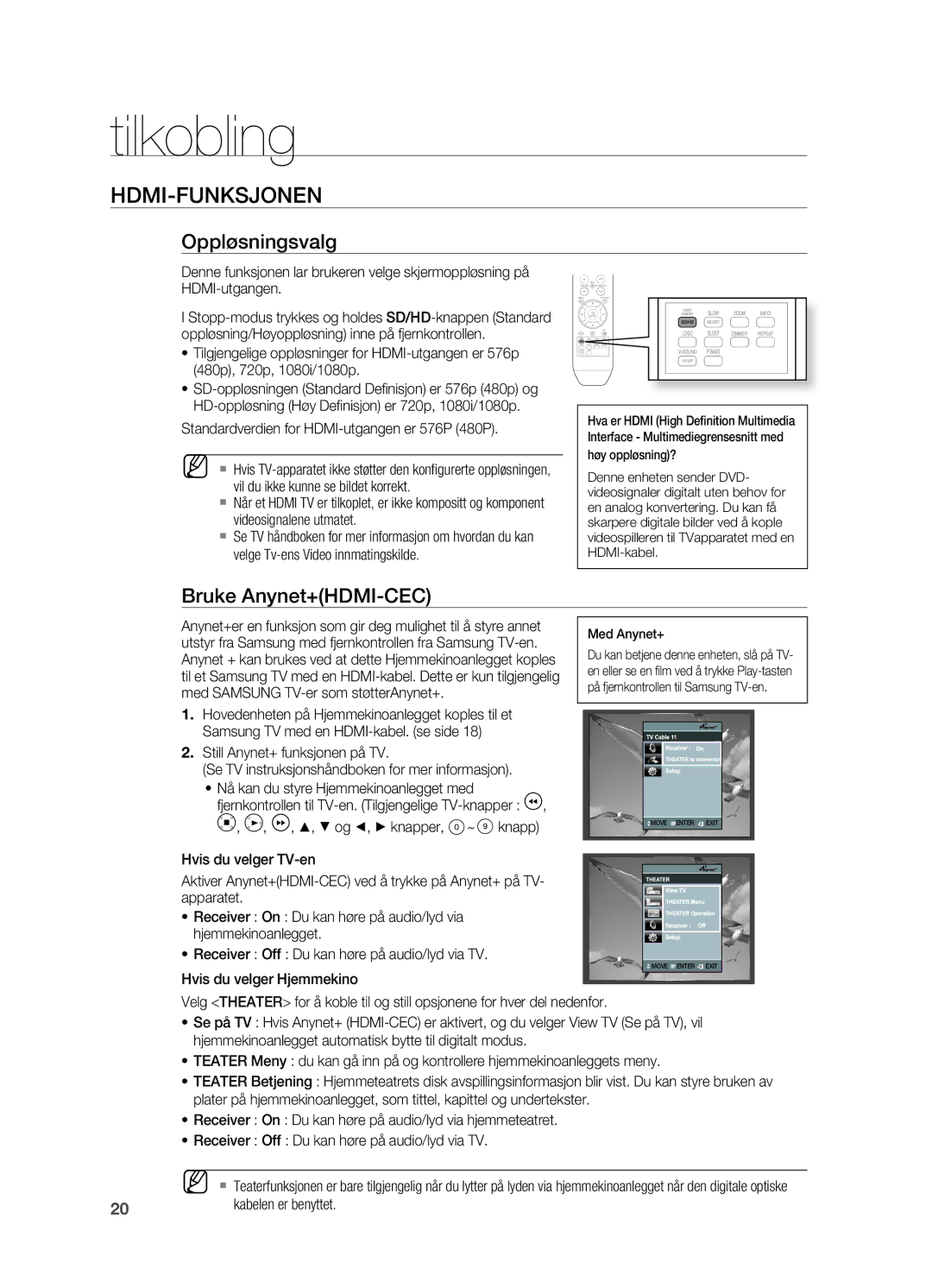 Samsung HT-X710T/XEE manual Hdmi-Funksjonen, Oppløsningsvalg, Bruke Anynet+HDMI-CEC 