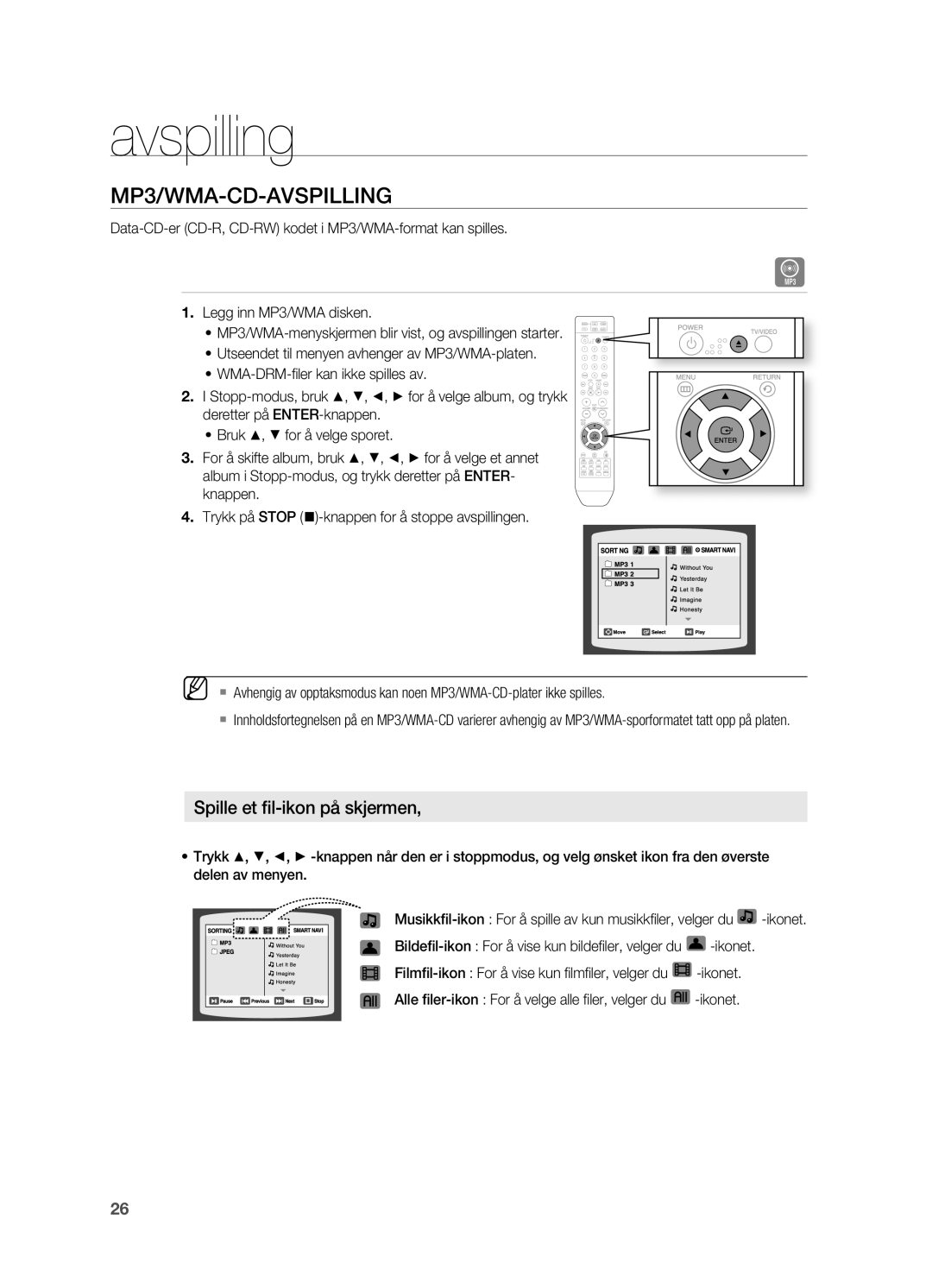 Samsung HT-X710T/XEE manual MP3/WMA-CD-AVSPILLING, Spille et fil-ikon på skjermen 