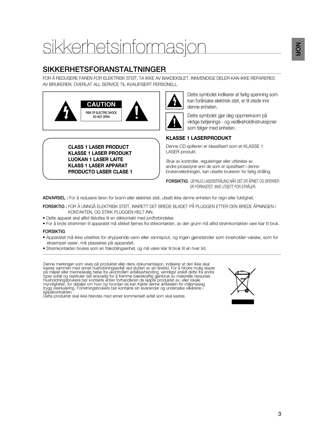 Samsung HT-X710T/XEE manual Sikkerhetsinformasjon, Sikkerhetsforanstaltninger 