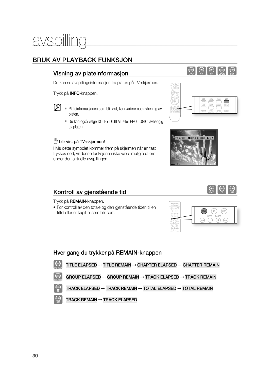 Samsung HT-X710T/XEE manual Bruk AV Playback fUNKSJON, Visning av plateinformasjon, Kontroll av gjenstående tid 