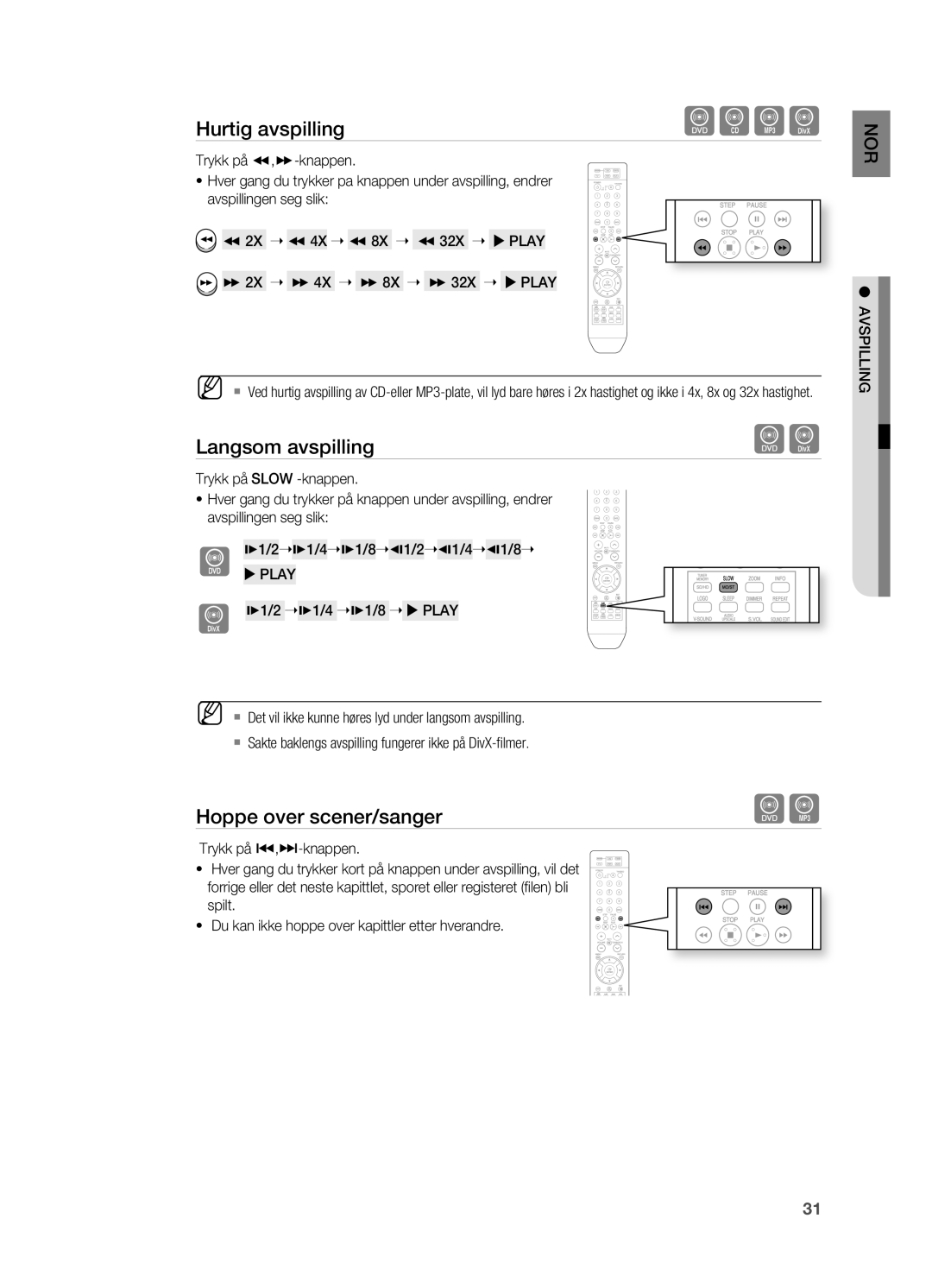 Samsung HT-X710T/XEE manual Langsom avspilling, Hoppe over scener/sanger 