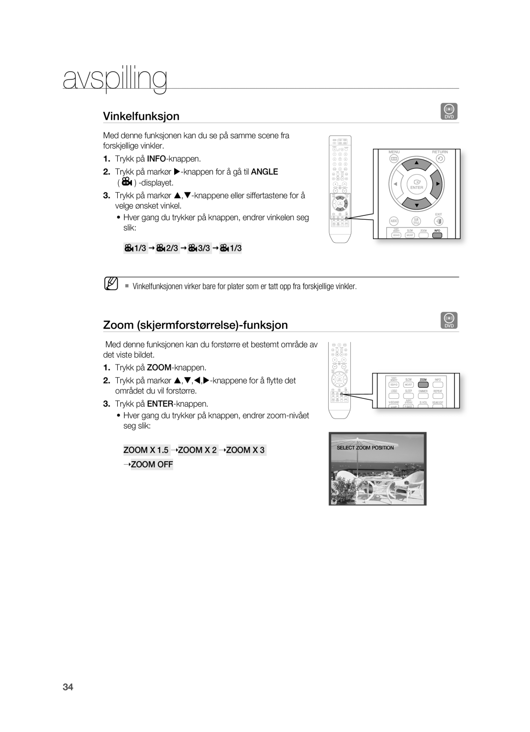 Samsung HT-X710T/XEE manual Vinkelfunksjon, Zoom skjermforstørrelse-funksjon, Zoom X, ZOOM Off 