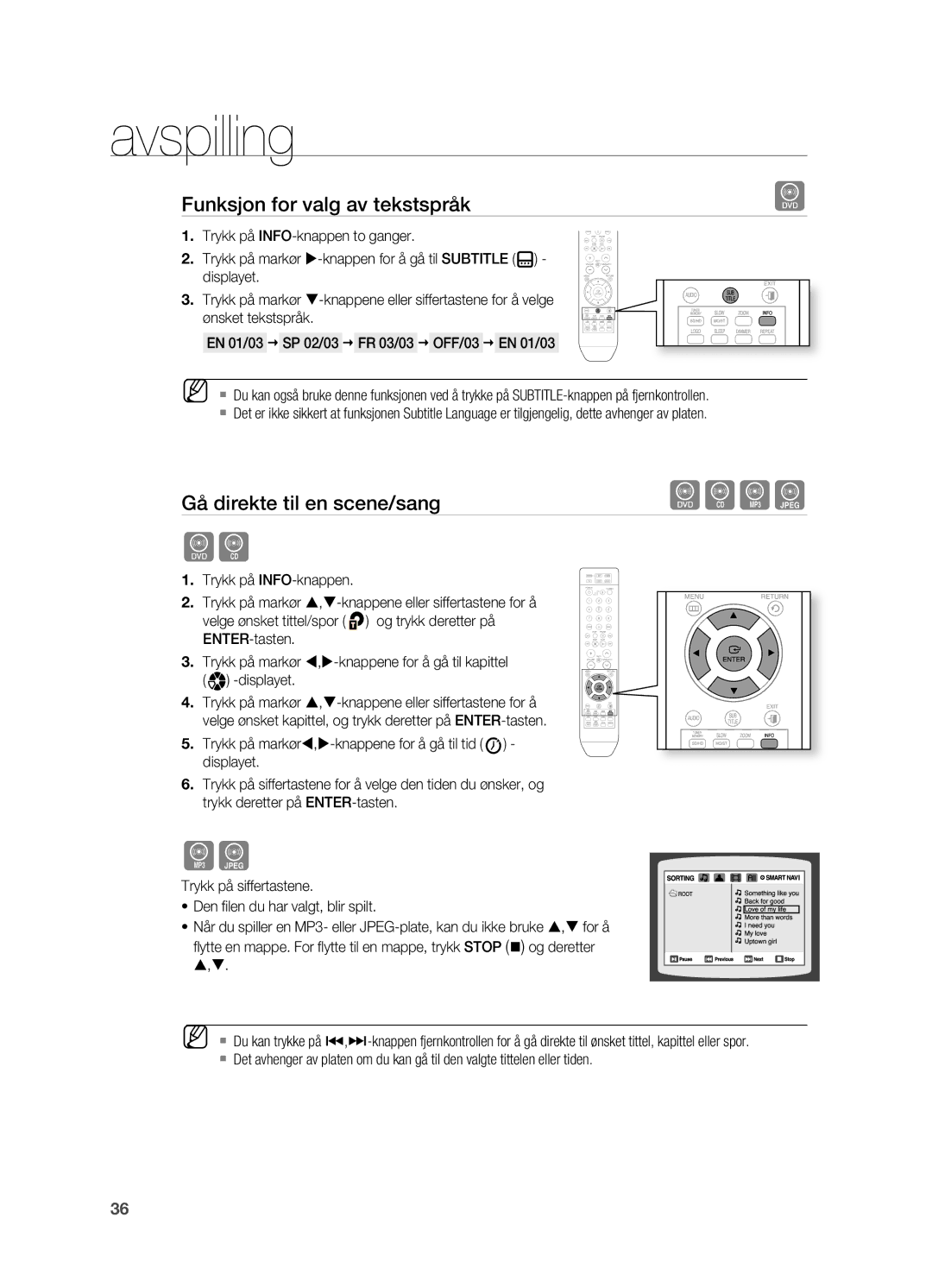 Samsung HT-X710T/XEE manual Funksjon for valg av tekstspråk, Gå direkte til en scene/sang 