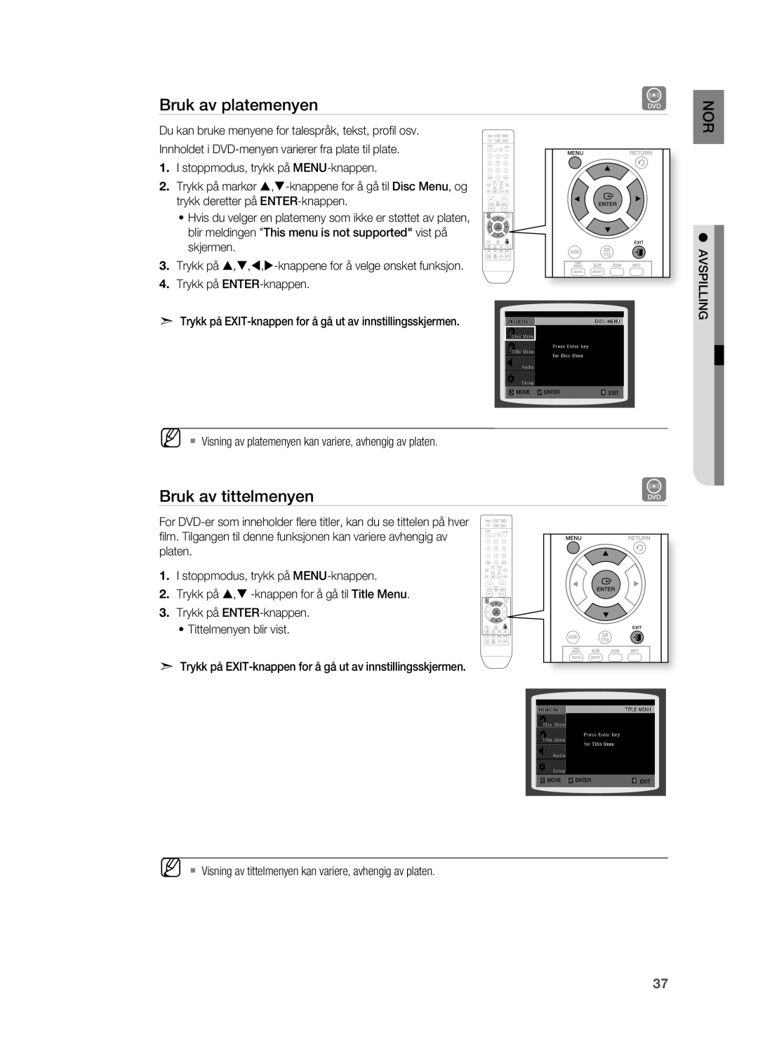 Samsung HT-X710T/XEE Bruk av platemenyen, Bruk av tittelmenyen, ` Visning av platemenyen kan variere, avhengig av platen 