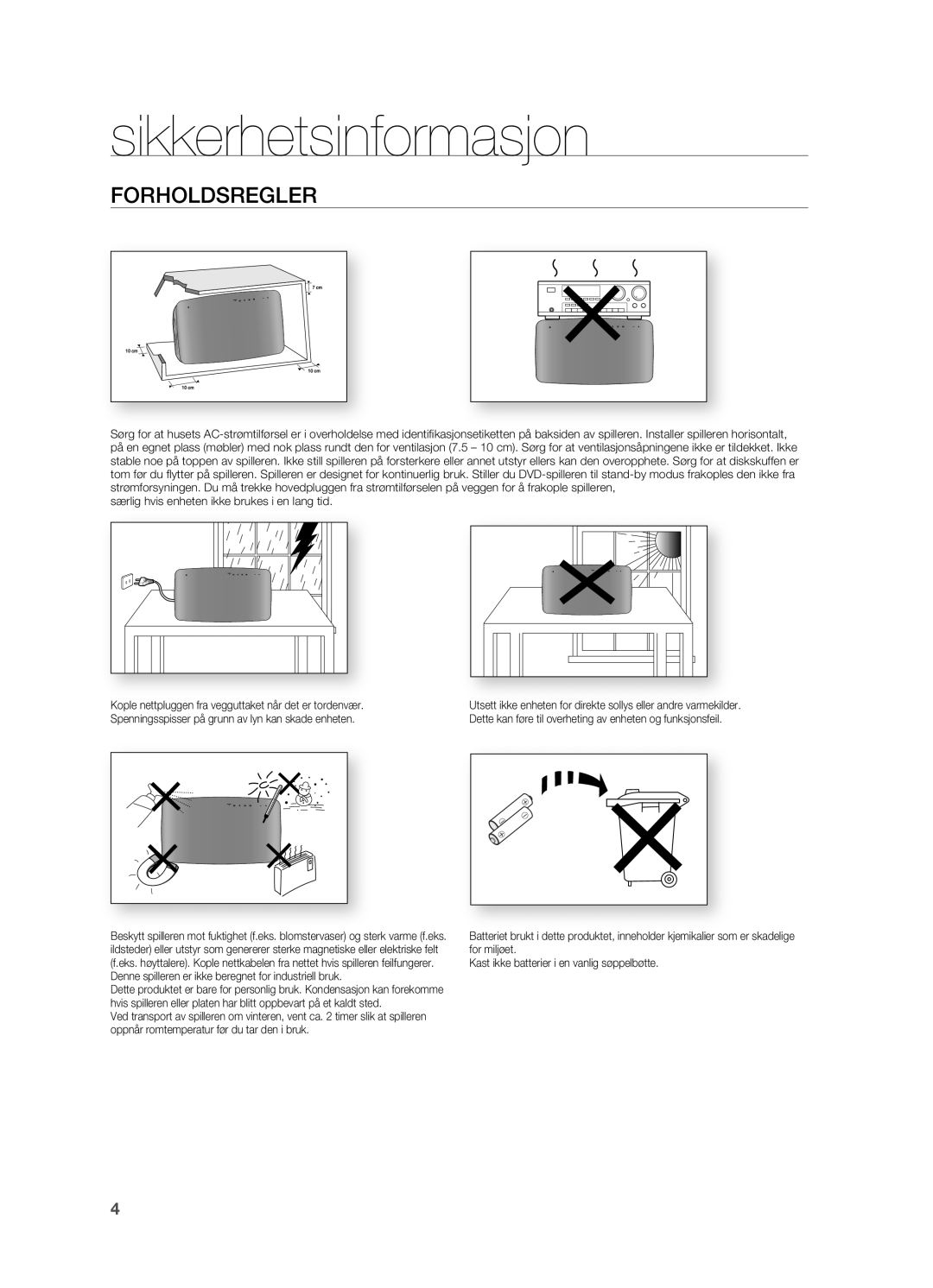 Samsung HT-X710T/XEE manual FORHOLDSREgLER, Særlig hvis enheten ikke brukes i en lang tid 