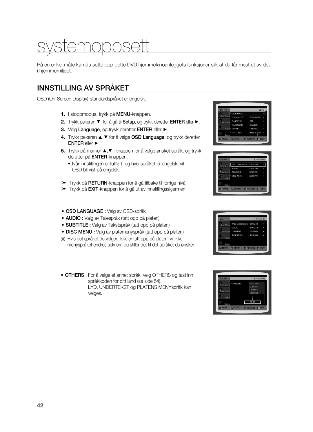 Samsung HT-X710T/XEE manual Systemoppsett, Innstilling av språket 