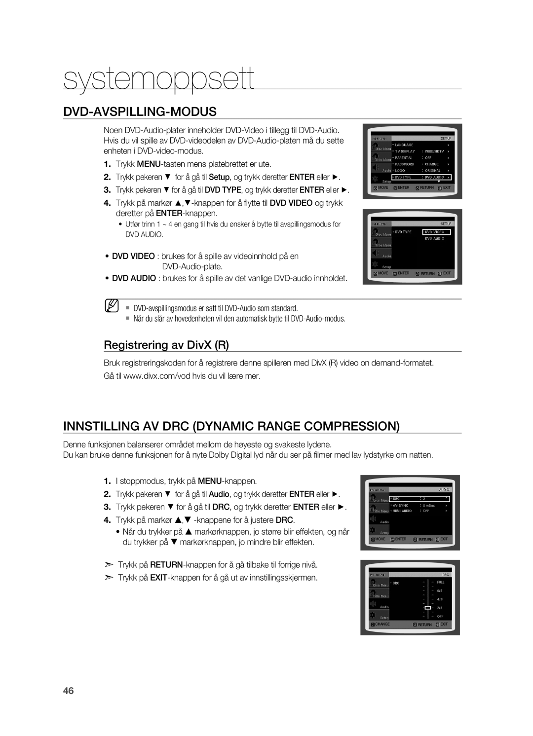 Samsung HT-X710T/XEE manual DVD-avspilling-modus, Innstilling av DRC Dynamic Range Compression, Registrering av DivX R 