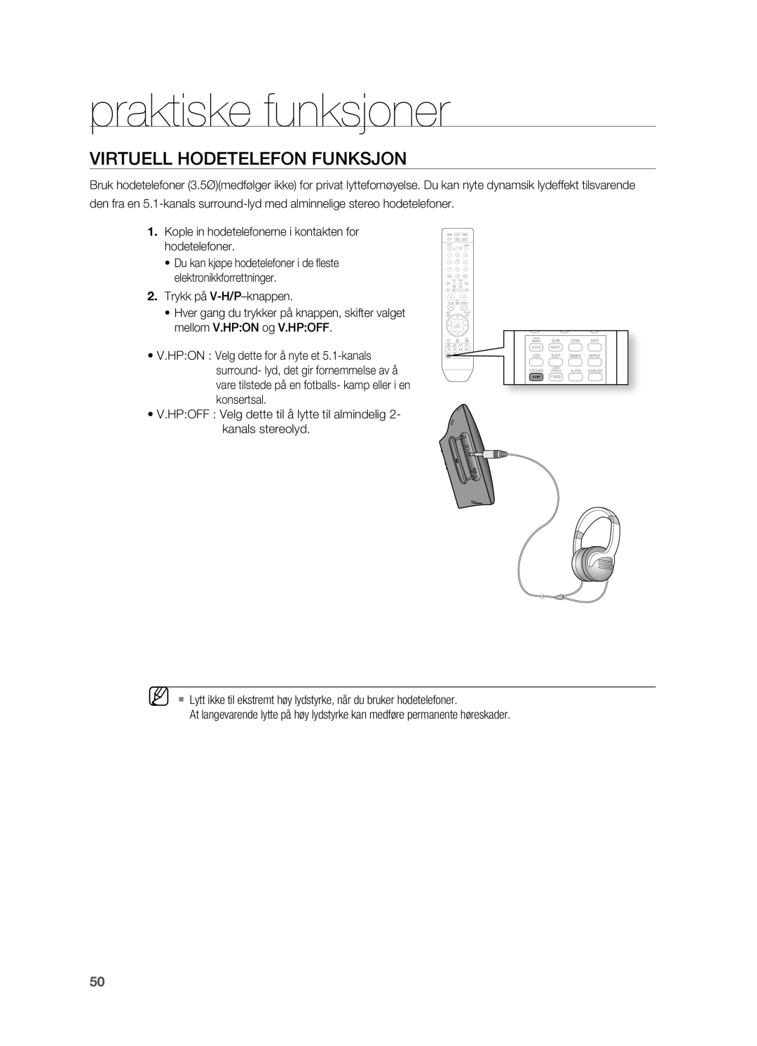 Samsung HT-X710T/XEE manual Virtuell Hodetelefon Funksjon 