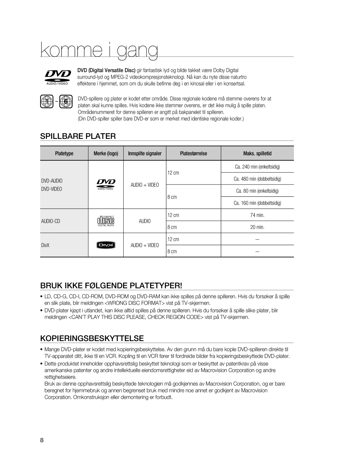 Samsung HT-X710T/XEE manual Spillbare plater, Bruk ikke følgende platetyper, Kopieringsbeskyttelse 