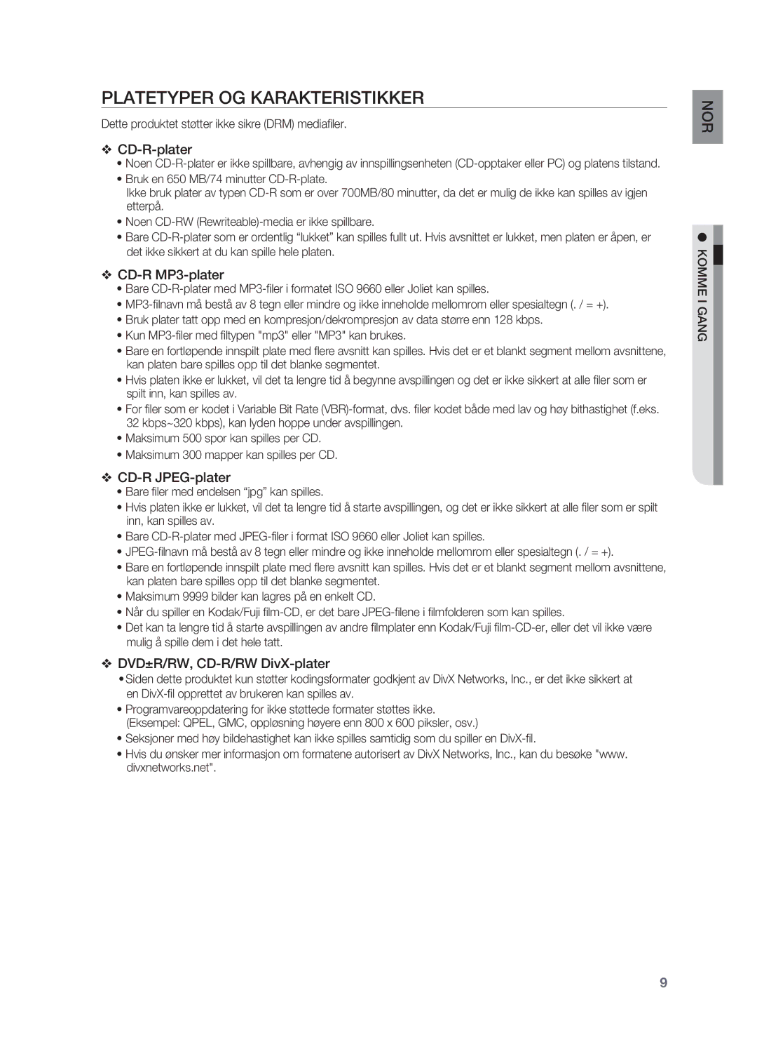 Samsung HT-X710T/XEE manual Platetyper og karakteristikker, Dette produktet støtter ikke sikre DRM mediafiler, Komme i gang 