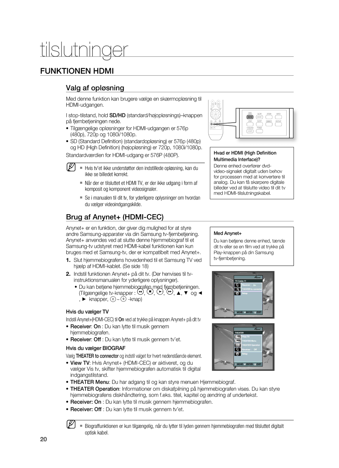 Samsung HT-X710T/XEE manual FunKTiOnEn HDMi, Valg af opløsning, Brug af anynet+ HDMi-CEC 