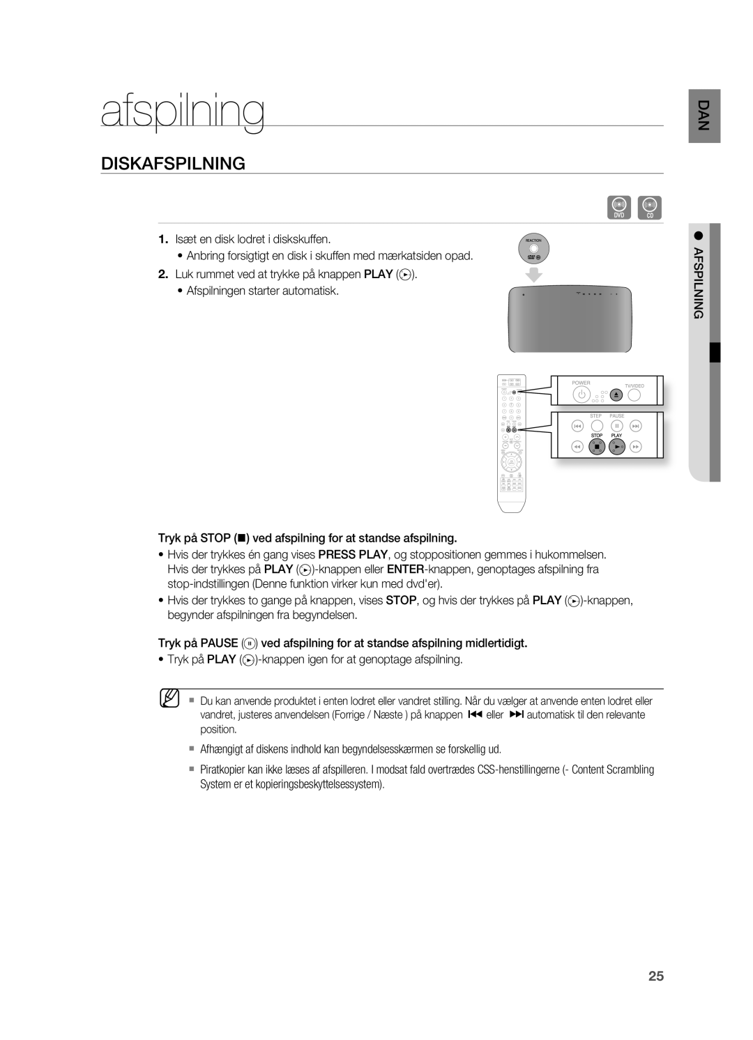 Samsung HT-X710T/XEE manual Afspilning, DisKafsPilning, AFSpILNING 