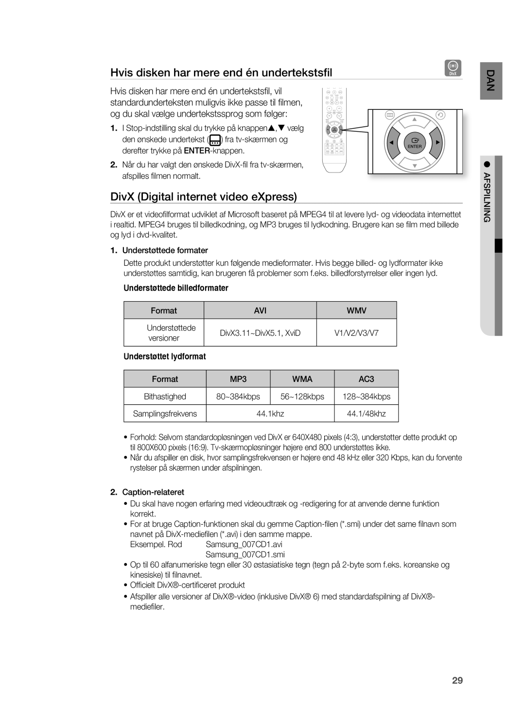 Samsung HT-X710T/XEE manual Hvis disken har mere end én undertekstsfi l, DivX Digital internet video eXpress, Avi Wmv, Wma 