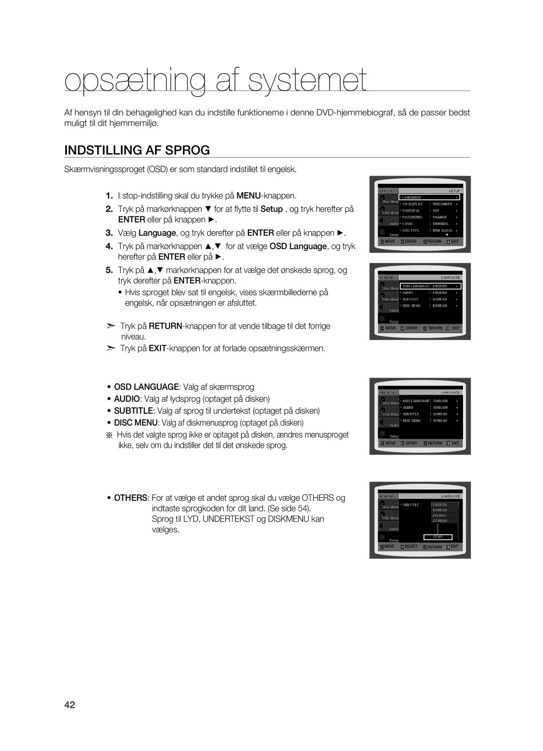 Samsung HT-X710T/XEE manual Opsætning af systemet, Indstilling af sprog, Sprog til LYD, Undertekst og Diskmenu kan vælges 