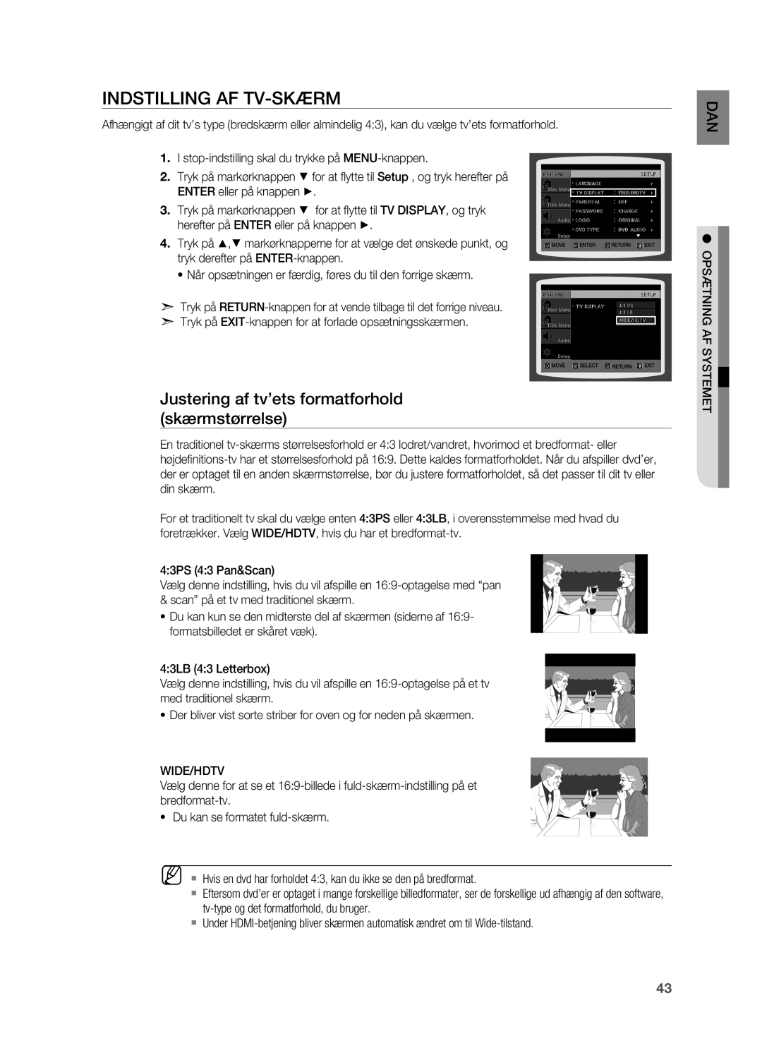 Samsung HT-X710T/XEE manual Indstilling af tv-skærm, Justering af tv’ets formatforhold skærmstørrelse, Wide/Hdtv 