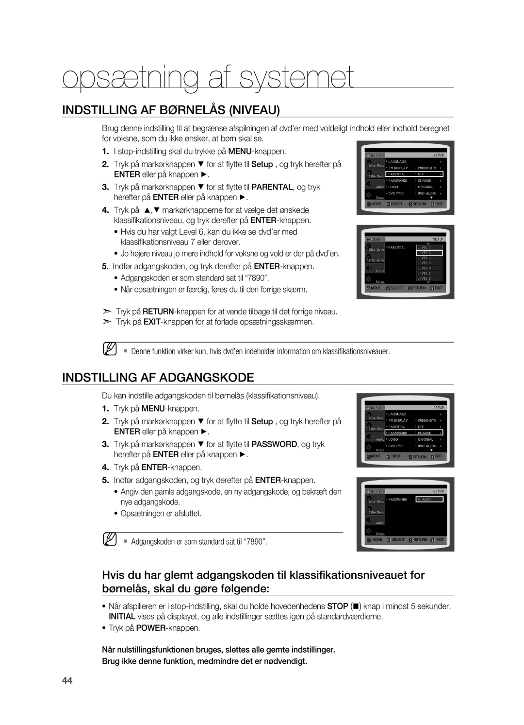 Samsung HT-X710T/XEE manual Indstilling af børnelås Niveau, Indstilling af adgangskode 