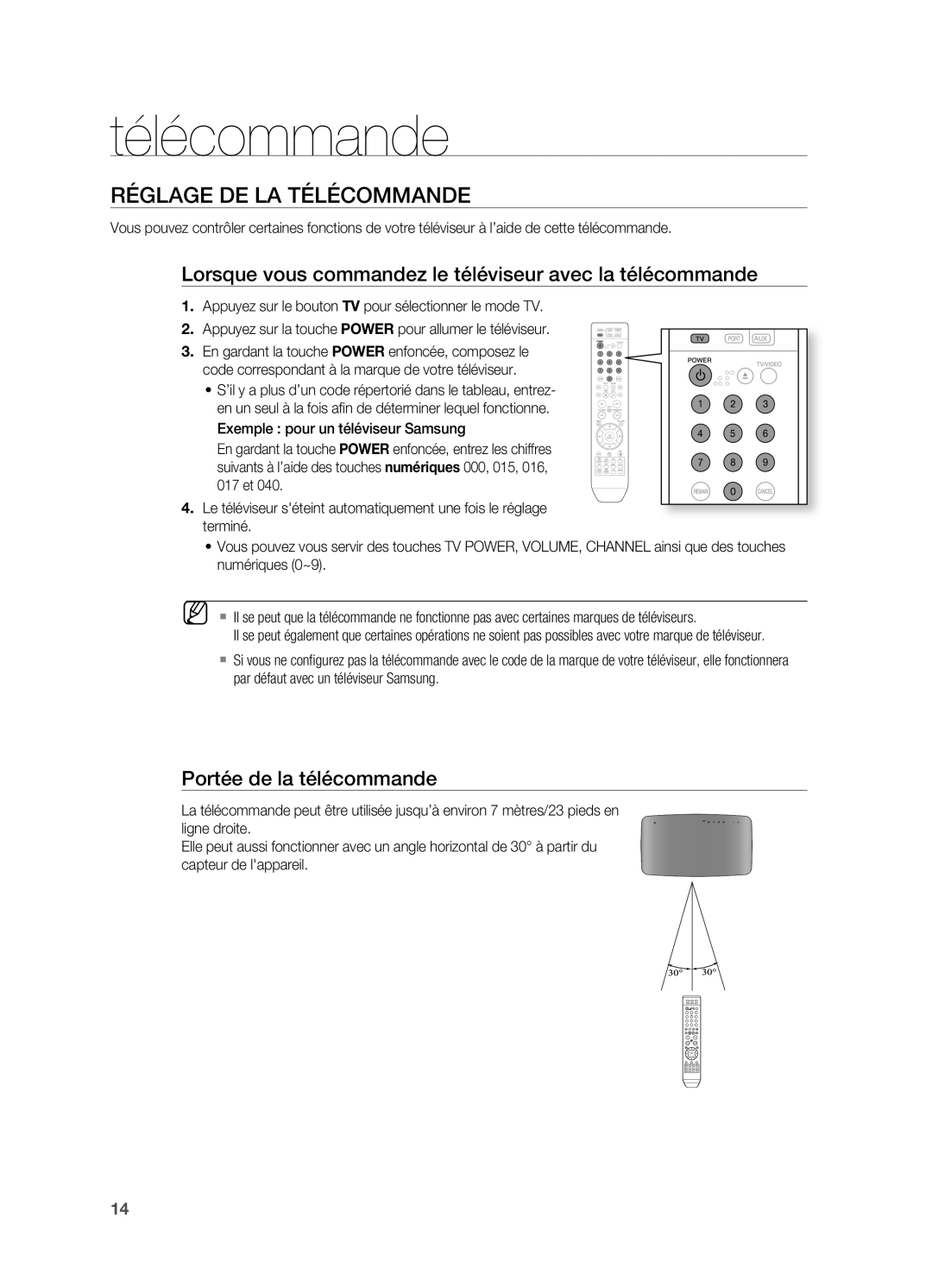 Samsung HT-X710T/XEF manual RÉGlAGe de lA tÉlÉCommAnde, Lorsque vous commandez le téléviseur avec la télécommande 