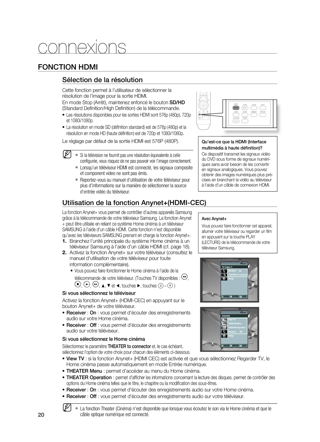 Samsung HT-X710T/XEF manual FonCtion Hdmi, Sélection de la résolution, Utilisation de la fonction Anynet+Hdmi-CeC 