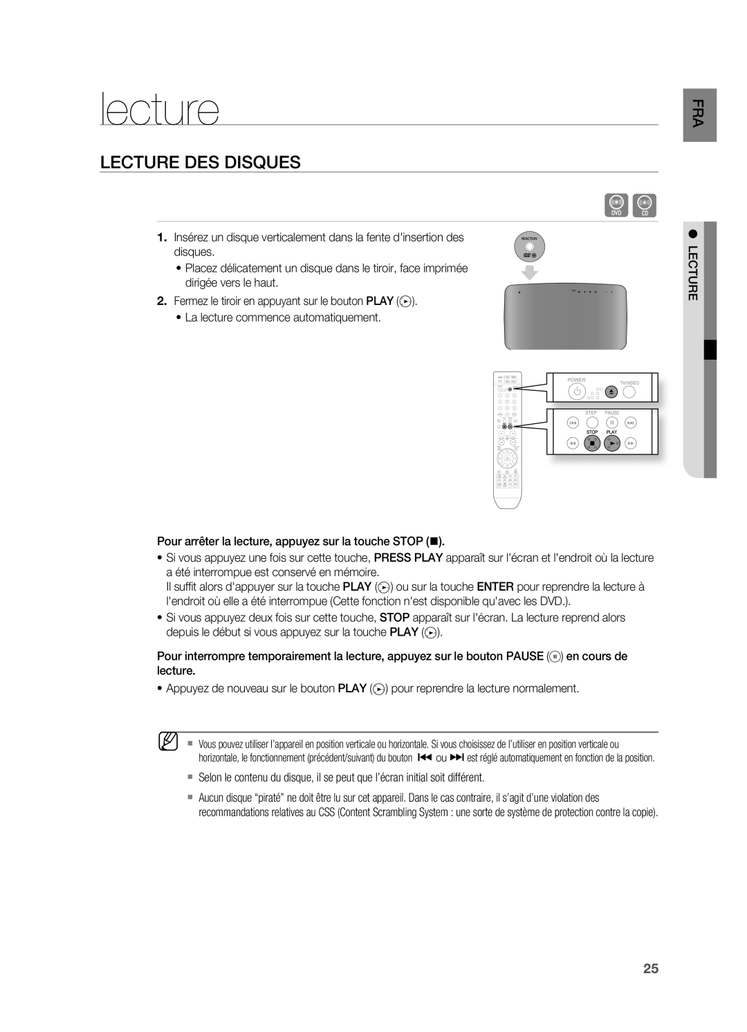 Samsung HT-X710T/XEF manual Lecture, LeCture des disques 