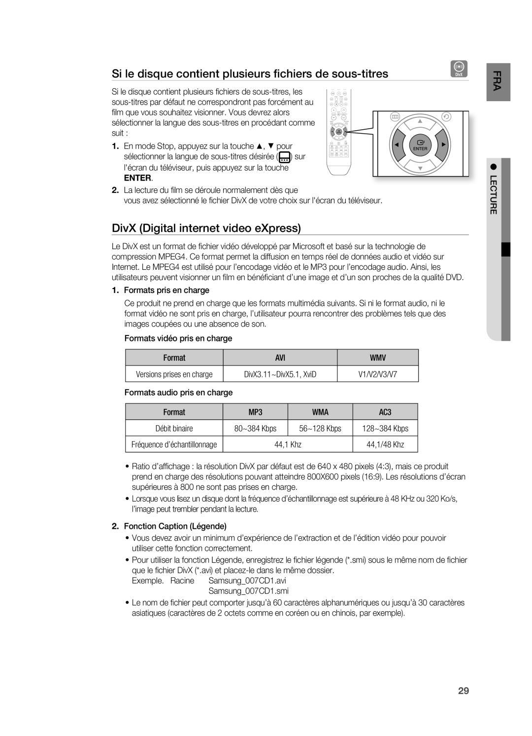 Samsung HT-X710T/XEF Si le disque contient plusieurs fichiers de sous-titres, DivX digital internet video eXpress, Avi Wmv 