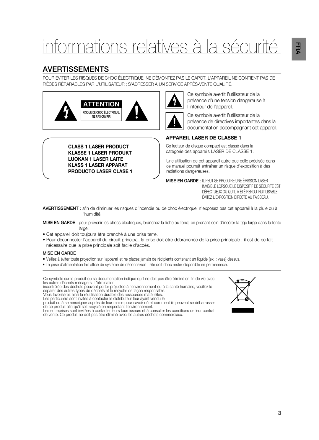 Samsung HT-X710T/XEF manual Informations relatives à la sécurité, Avertissements 