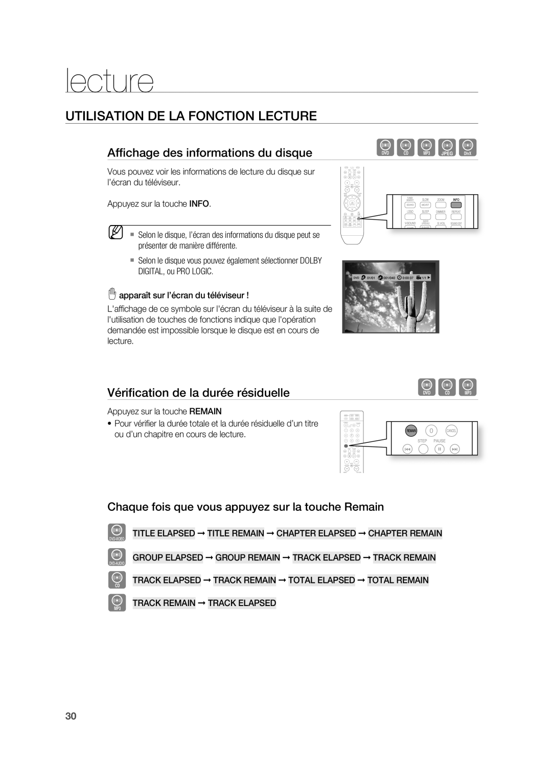 Samsung HT-X710T/XEF manual UtilisAtion de lA FonCtion leCture, Affichage des informations du disque 