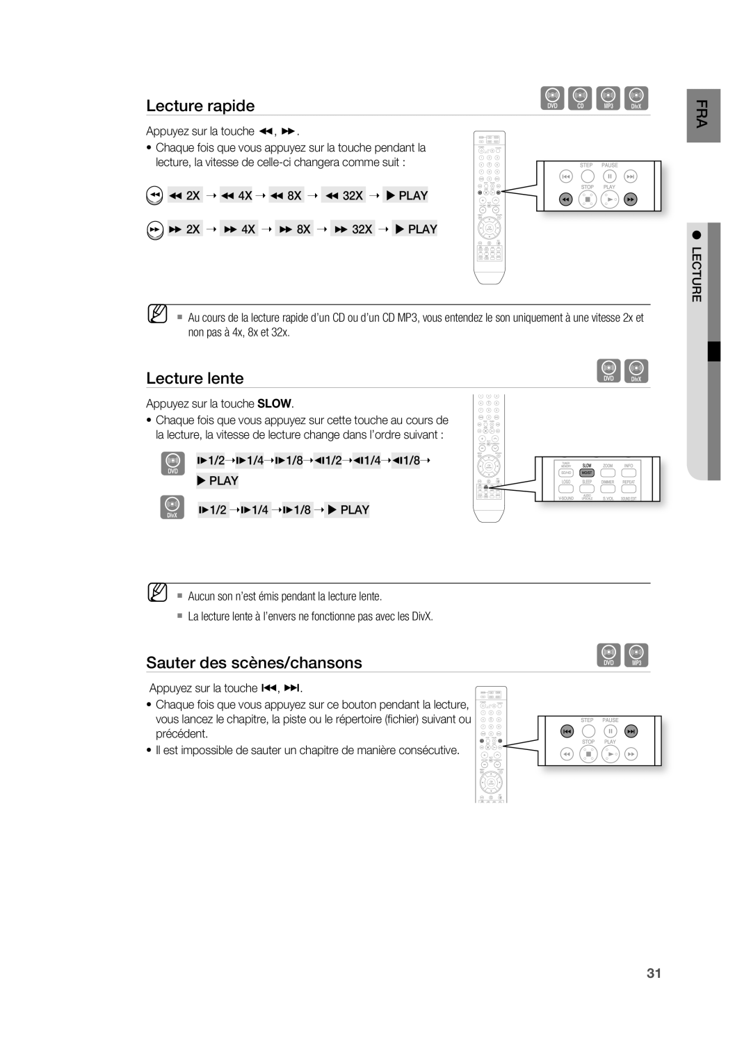 Samsung HT-X710T/XEF manual Lecture rapide, Lecture lente, Sauter des scènes/chansons 