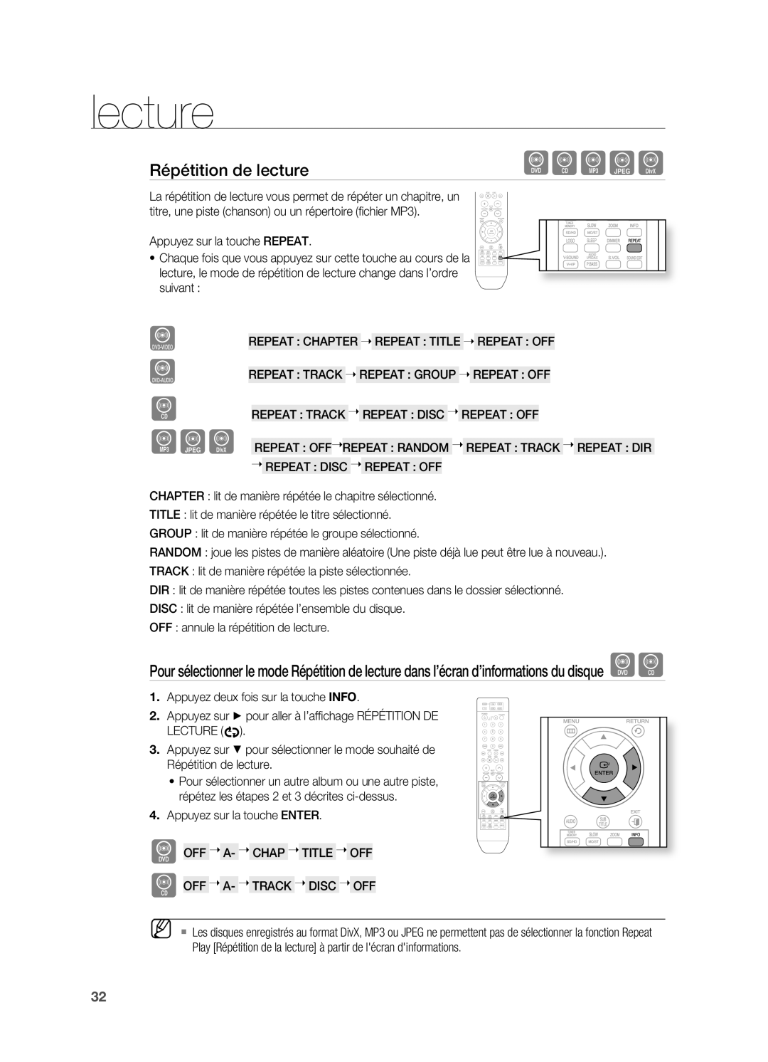 Samsung HT-X710T/XEF manual Répétition de lecture, Appuyez sur la touche enter 