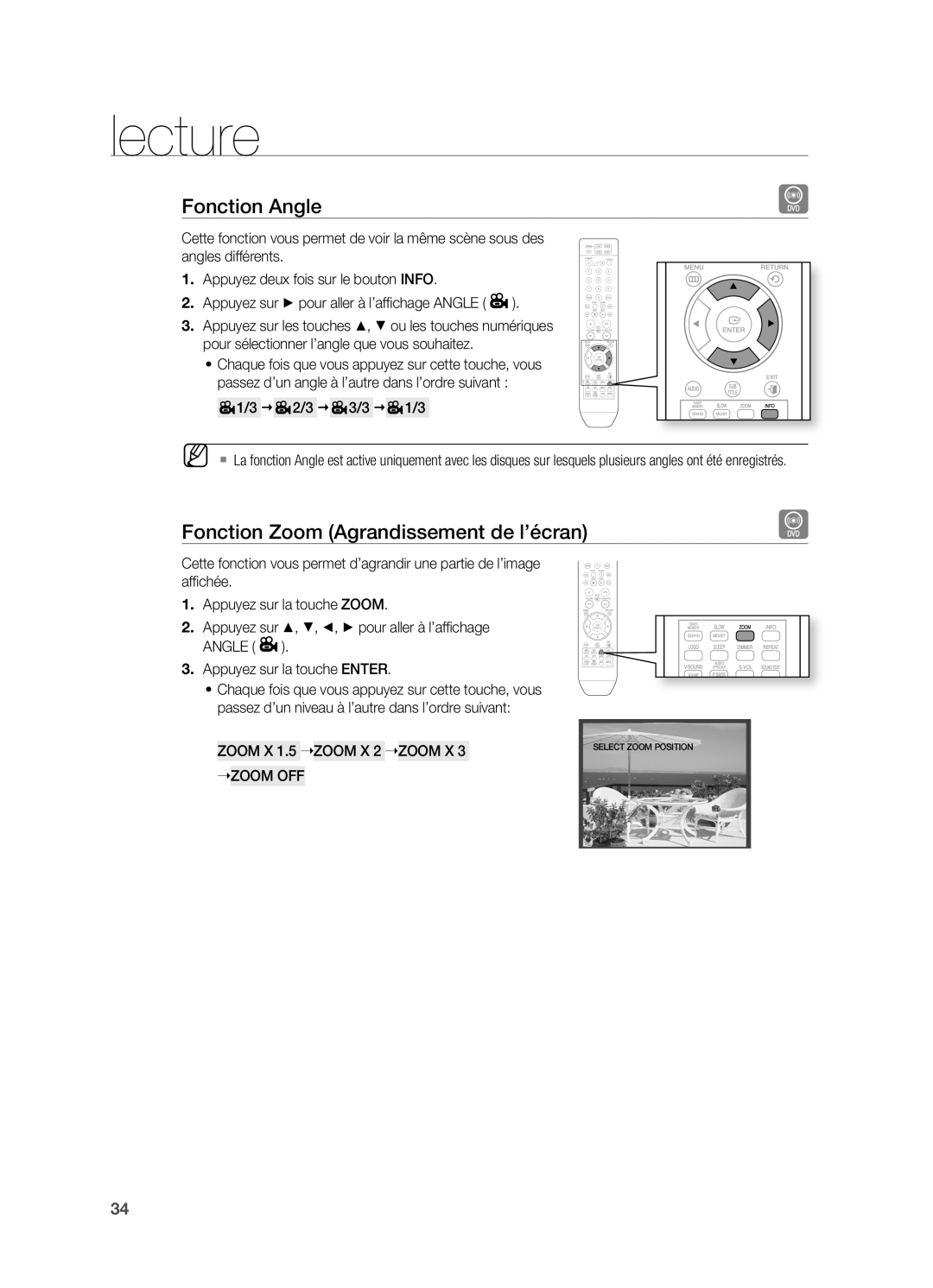 Samsung HT-X710T/XEF manual Fonction Angle, Fonction Zoom Agrandissement de l’écran,  2/3  3/3  1/3, Zoom Off 