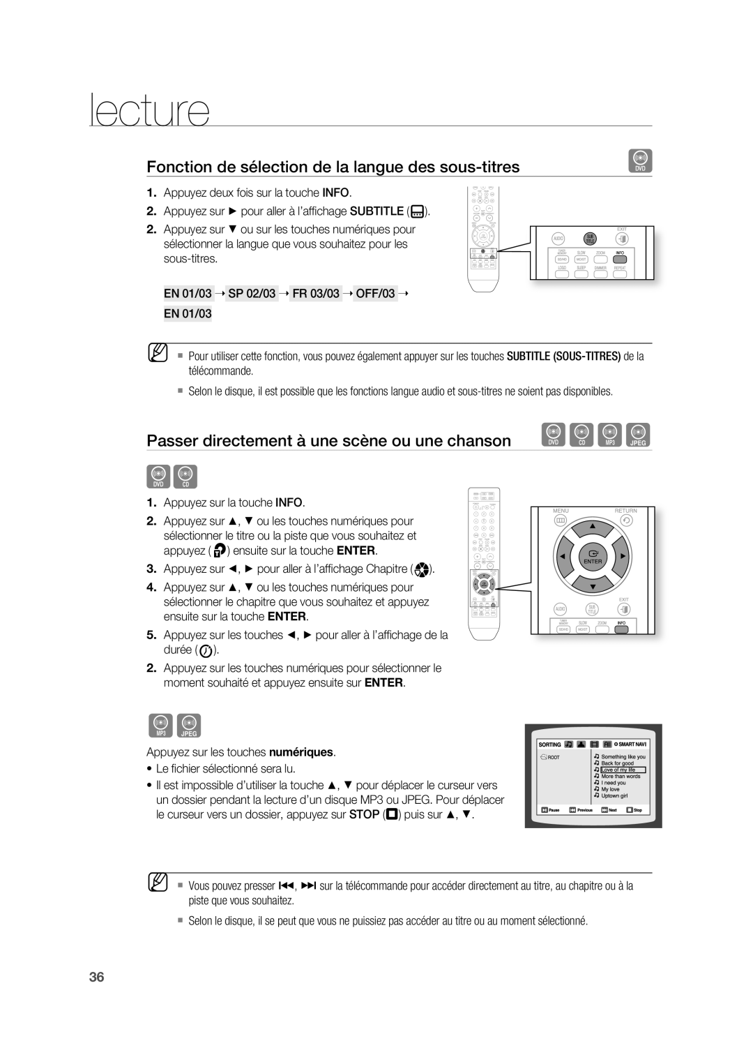 Samsung HT-X710T/XEF Fonction de sélection de la langue des sous-titres, Passer directement à une scène ou une chanson 