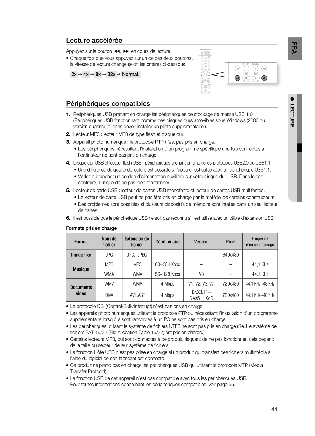 Samsung HT-X710T/XEF Périphériques compatibles, Appuyez sur le bouton , en cours de lecture, 2x  4x  8x  32x  normal 