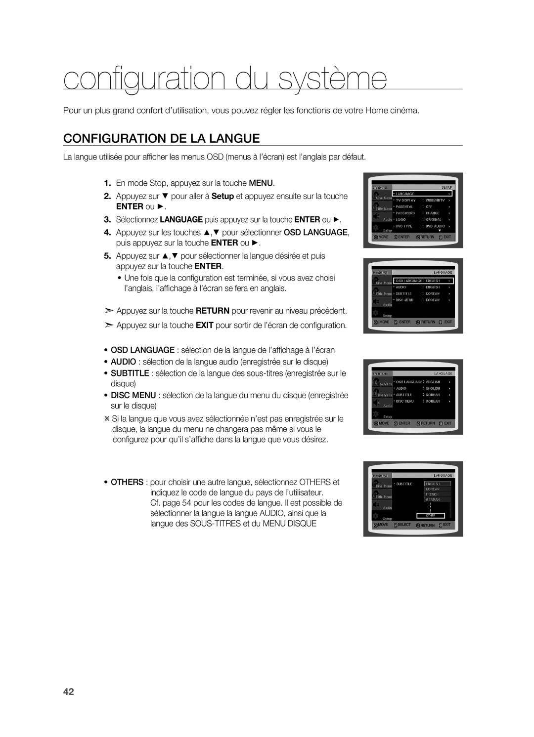 Samsung HT-X710T/XEF manual Configuration du système, Configuration de la langue 