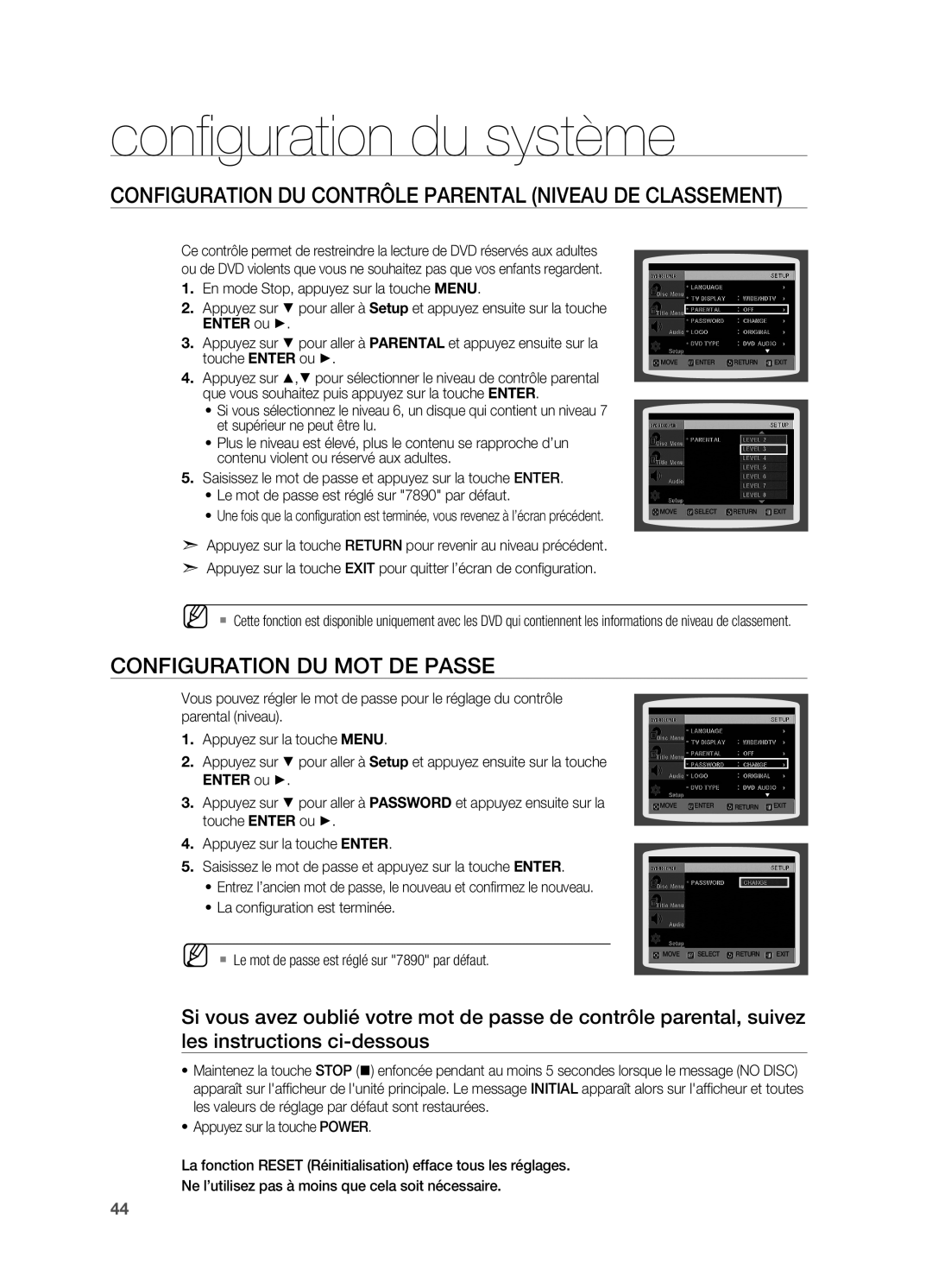 Samsung HT-X710T/XEF manual Configuration du contrôle parental Niveau de classement, Configuration du mot de passe 