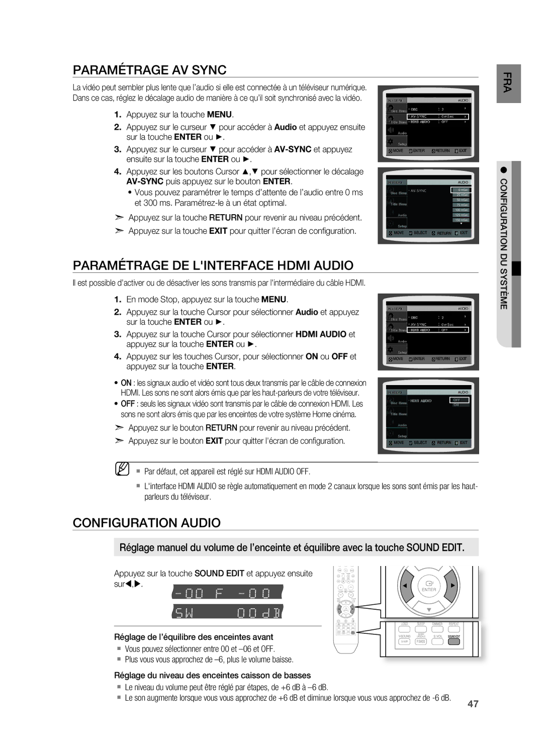 Samsung HT-X710T/XEF manual PArAmÉtrAGe Av sYnC, PArAmÉtrAGe de linterFACe Hdmi Audio 