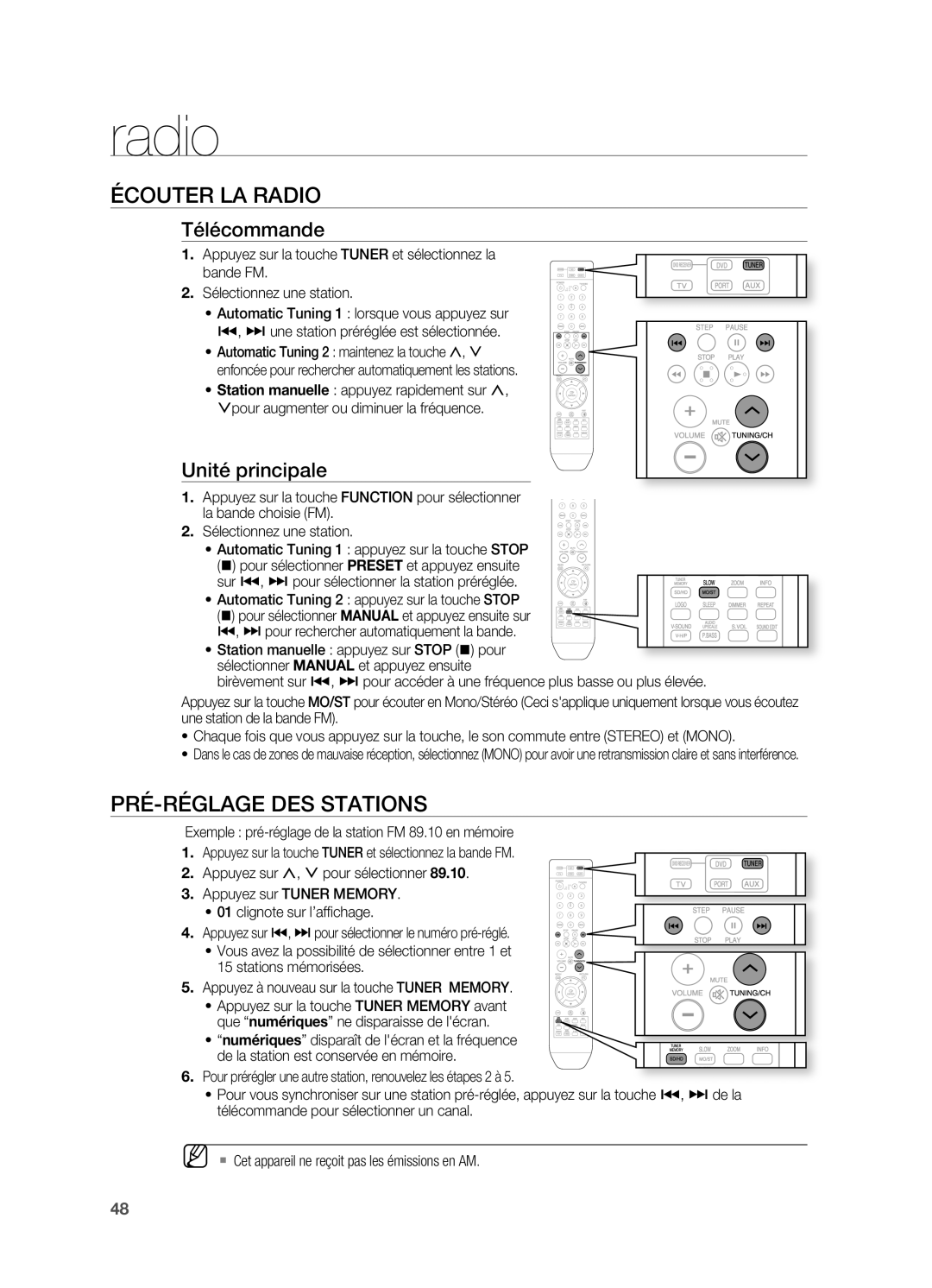 Samsung HT-X710T/XEF manual Radio, ÉCouter lA rAdio, PrÉ-rÉGlAGe des stAtions, Télécommande, Unité principale 