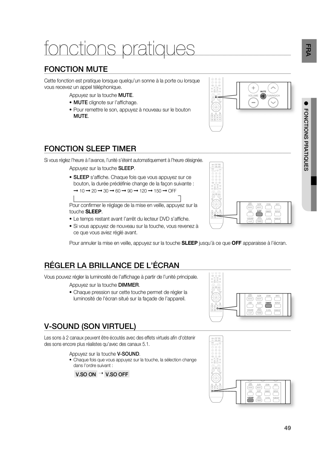 Samsung HT-X710T/XEF manual Fonctions pratiques, FonCtion mute, FonCtion sleeP timer, RÉGler lA brillAnCe de l’ÉCrAn 