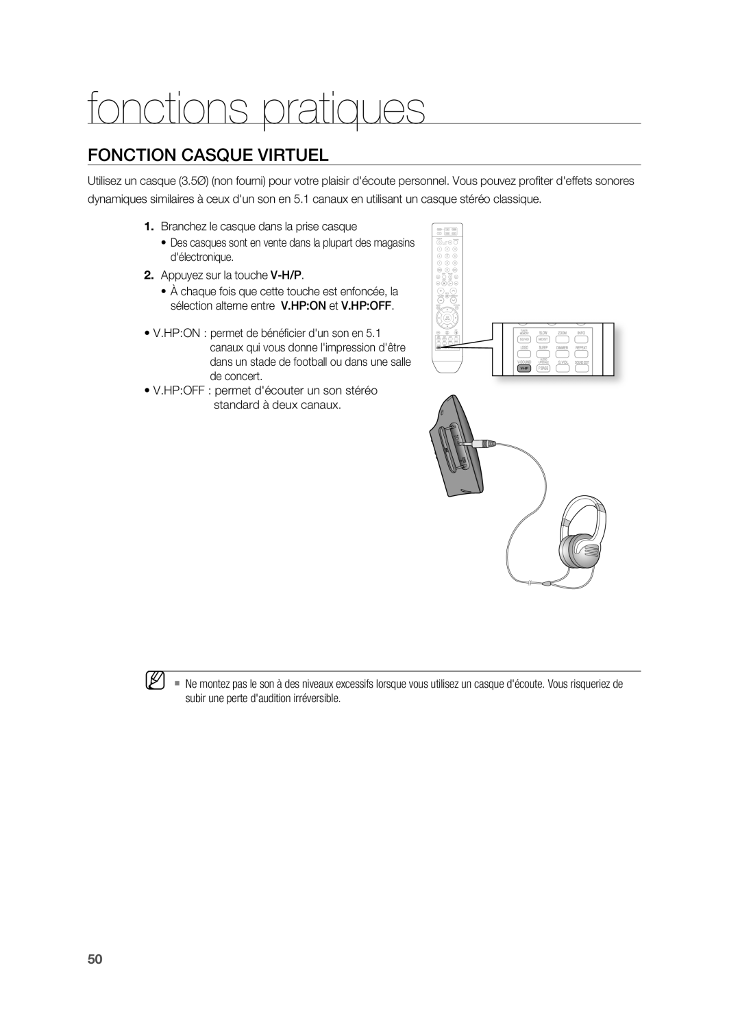 Samsung HT-X710T/XEF manual FonCtion CAsque virtuel 