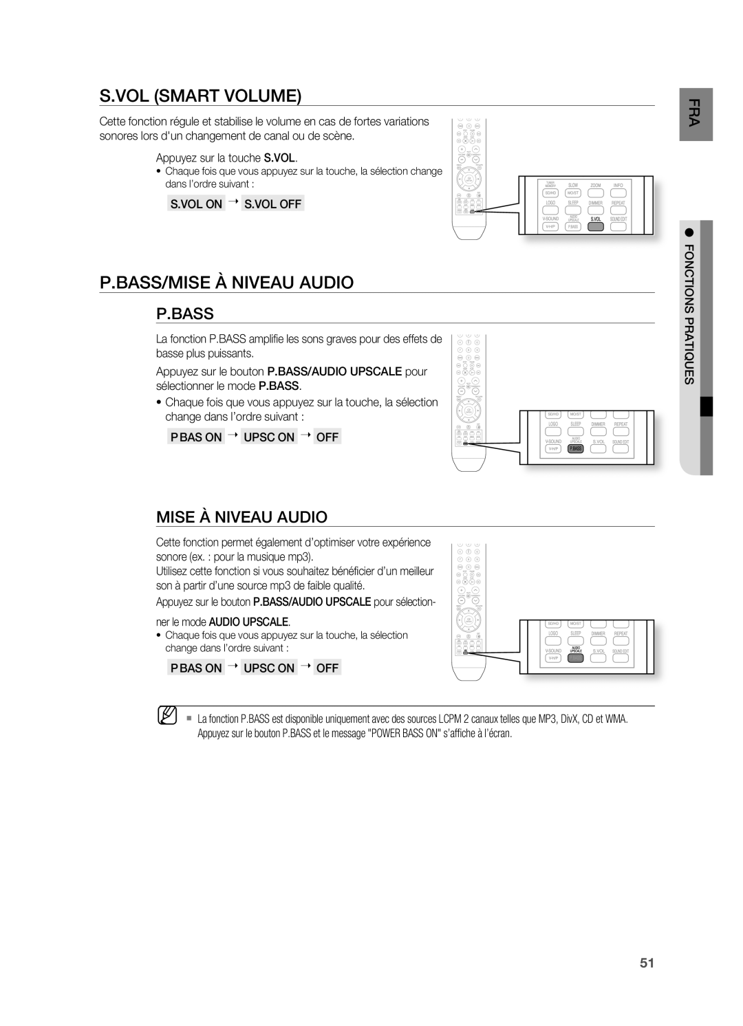 Samsung HT-X710T/XEF manual Appuyez sur la touche S.VOL, VOL on  S.VOL OFF, BAS on  Upsc on  OFF 