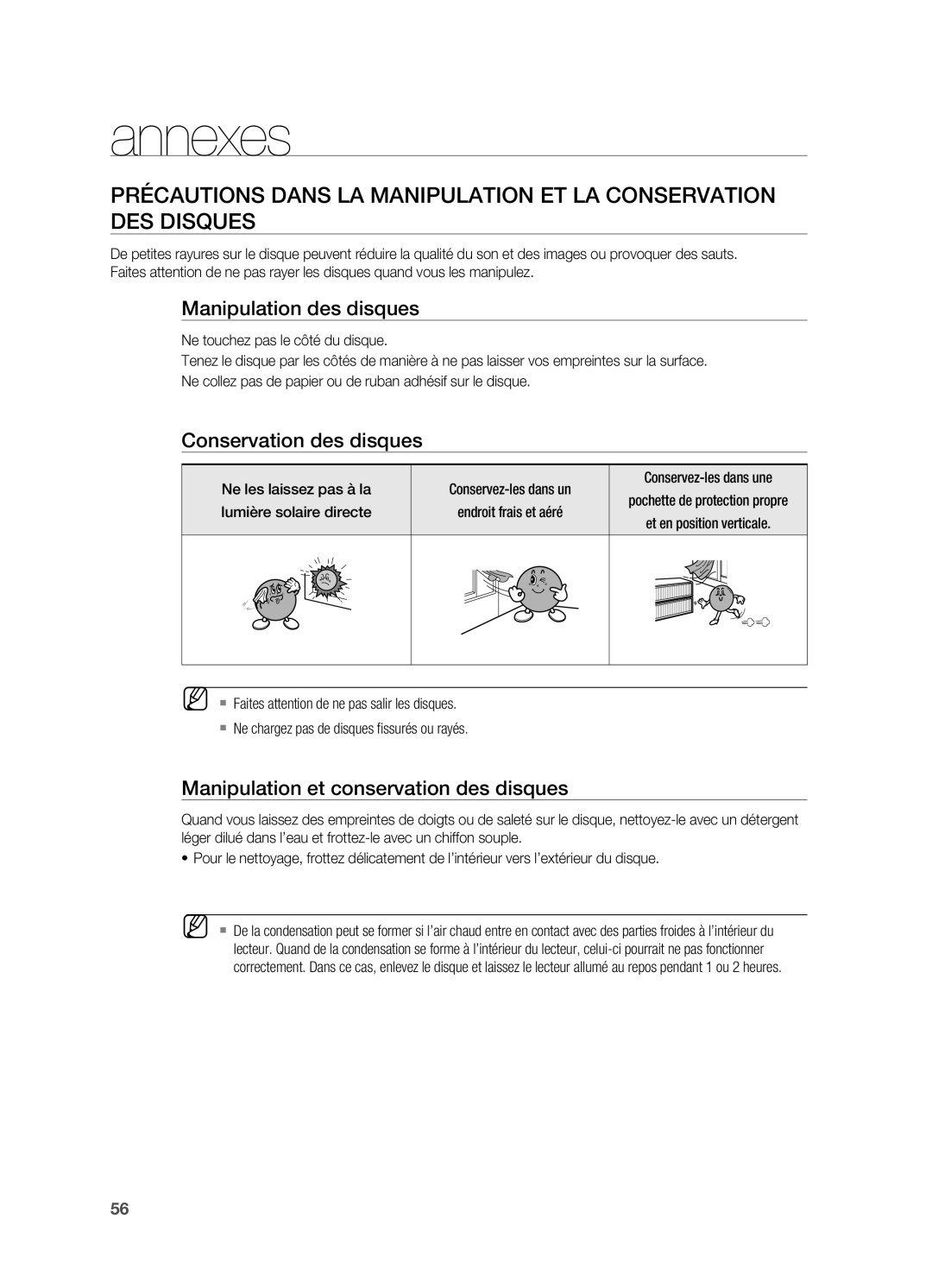 Samsung HT-X710T/XEF Annexes, Manipulation des disques, Conservation des disques, Manipulation et conservation des disques 